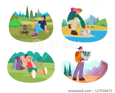 Hiker. Solo male travellers outdoor backpacker wild lifestyle tourist exact vector camping illustrations in cartoon style 127636673
