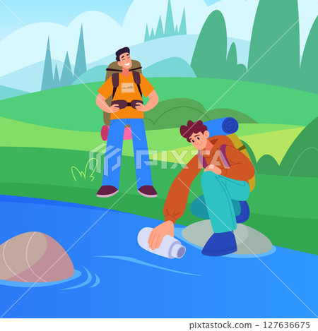 Tourists near water. happy travellers with backpack Tourists near water. happy travellers with backpack 127636675