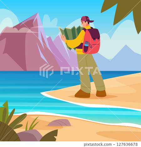 Tourist with map. man traveller standing on sand and watching on mountain on horizon Tourist with map. man traveller standing on sand and watching on mountain on horizon 127636678