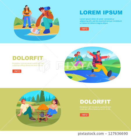 Picnic banners. hiking tourists relaxing backpackers adventures Picnic banners. hiking tourists relaxing backpackers adventures 127636690