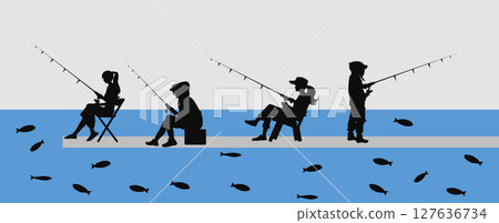Silhouette illustration of a woman fishing Silhouette illustration of a woman fishing 127636734