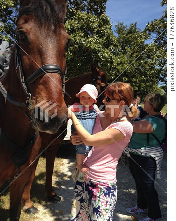 Woman Holding Baby Next to Horse in Outdoor Setting Woman Holding Baby Next to Horse in Outdoor Setting 127636828