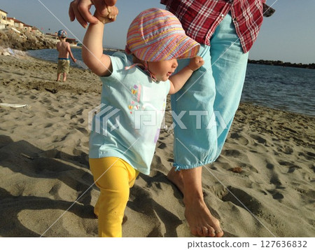 Toddler Holding Hand Walking on Sandy Beach Toddler Holding Hand Walking on Sandy Beach 127636832