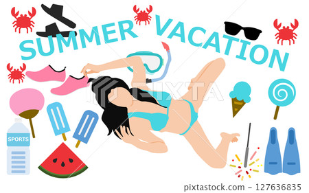 Illustration of a woman enjoying summer vacation on the beach (swimming in the sea) 127636835