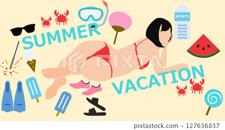 Illustration of a woman enjoying summer vacation on the beach (swimming in the sea) Illustration of a woman enjoying summer vacation on the beach (swimming in the sea) 127636837