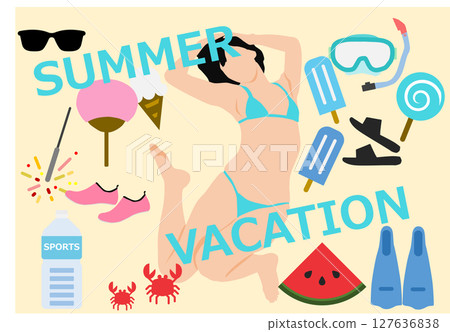 一位女士在海灘上享受暑假的插圖（在海裡游泳） 127636838