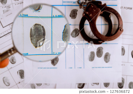 Criminalist analyzes fingerprint records alongside handcuffs witness statements during an investigation. Criminalist analyzes fingerprint records alongside handcuffs witness statements during an investigation. 127636872