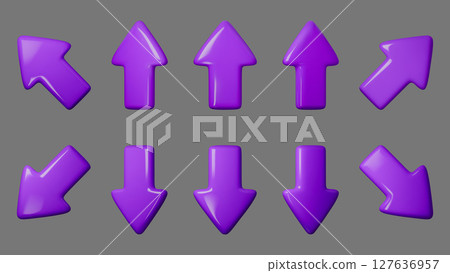 Vibrant purple 3d arrow icons, pointing in various directions, set on a seamless vector background. Perfect for web design, UI elements, or digital interfaces. Eye-catching and modern style. Vibrant purple 3d arrow icons, pointing in various directions, set on a seamless vector background. Perfect for web design, UI elements, or digital interfaces. Eye-catching and modern style. 127636957
