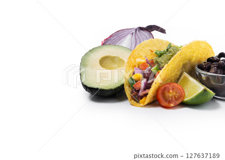 Vegan mexican Taco with beans and guacamole 127637189
