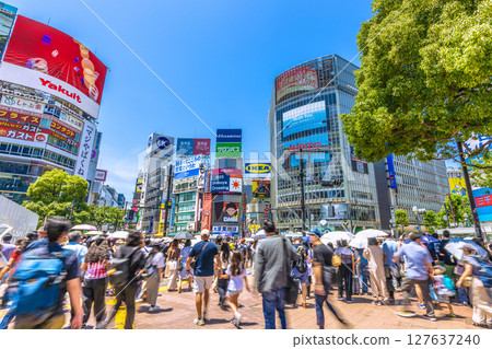 Tokyo cityscape in Japan: Inbound tourism continues...View of Shibuya Scramble Crossing bustling with foreign tourists 127637240