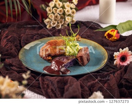 Delicious beef tenderloin with potato puree 127637273