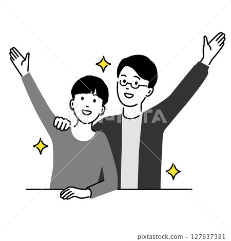 Illustration of a smiling man and woman raising their hands, upper body 127637381
