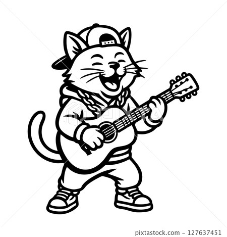 Cartoon-style hip-hop cat in streetwear jamming on a guitar. Fun vector illustration with musical and urban character appeal. 127637451