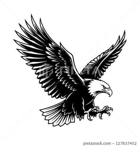 Powerful eagle with wide spread wings gliding down aggressively. Bold black and white vector symbolizing freedom and strength. Birds. 127637452