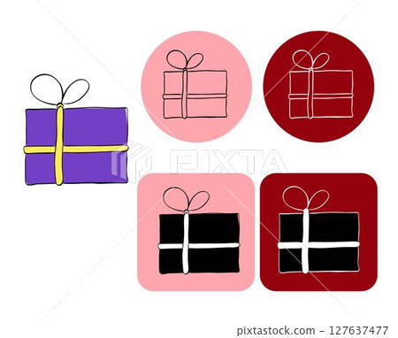 Gift box logotype. Vector graphic line ink illustration. Perfect for special occasions, weddings, anniversaries, and luxury gift presentations. for package, cosmetic, textile, cards. 127637477