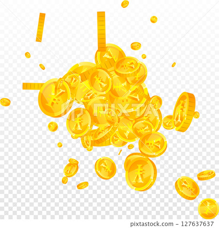 Chinese yuan coins falling. Scattered gold CNY Chinese yuan coins falling. Scattered gold CNY 127637637