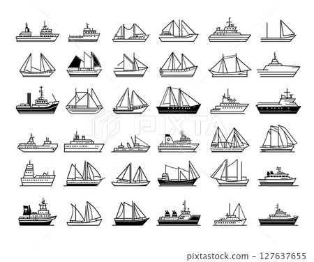 Sailing ships linear vector set. Ocean cargo civil passenger vessels steel metal wooden boats navigation container maritime yachts decks global trade nautical marine transport isolated on white Sailing ships linear vector set. Ocean cargo civil passenger vessels steel metal wooden boats navigation container maritime yachts decks global trade nautical marine transport isolated on white 127637655