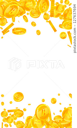 Bitcoin coins falling. Cryptocurrency scattered Bitcoin coins falling. Cryptocurrency scattered 127637694