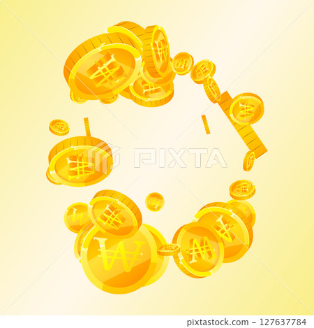 Korean won coins falling. Scattered gold WON 127637784