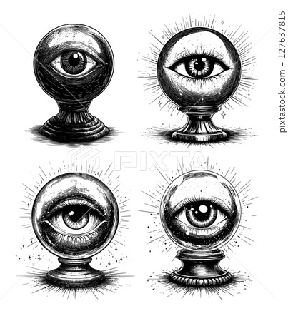 Mystical crystal ball with eye inside engraving... - Stock Illustration ...