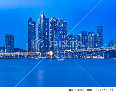 Busan: The Bay 101 skyscrapers and fireworks on a boat 127637851