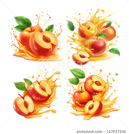 Juice peach cartoon concepts. Nectarine leaves flow sprains splashes sprays leaks splash fruits juicy swirls, drinks beverages package product design, isolated vector illustration on white backdrop 127637856