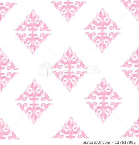 Kazakh pattern seamless watercolor. Ornament with with patterns. Hand drawn illustration on white background of Asian elements. For printing on fabrics and packaging paper for Nauryz Kazakh pattern seamless watercolor. Ornament with with patterns. Hand drawn illustration on white background of Asian elements. For printing on fabrics and packaging paper for Nauryz 127637992