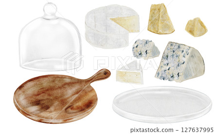 Cheese watercolor set. Hand drawn different cheeses, parmesan, brie, roquefort. And serving utensils, a plate and a clocheClip art of food on white background. Ideal for packaging of farm organic 127637995