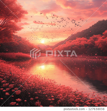 Red flowers and the setting sun tell the end of the day 127638038