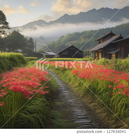 Memories of red spider lilies blooming in the mountain valley and old houses 127638041