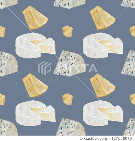 Cheese watercolor pattern. Hand drawn illustration brie, dor blue, parmesan. Clip art of food on white background. Ideal for packaging of farm organic product or restaurant menu design 127638070