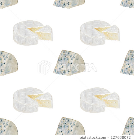 Cheese watercolor pattern. Hand drawn illustration brie, camembert, dor blue. Clip art of food on white background. Ideal for packaging of farm organic product or restaurant menu design 127638072