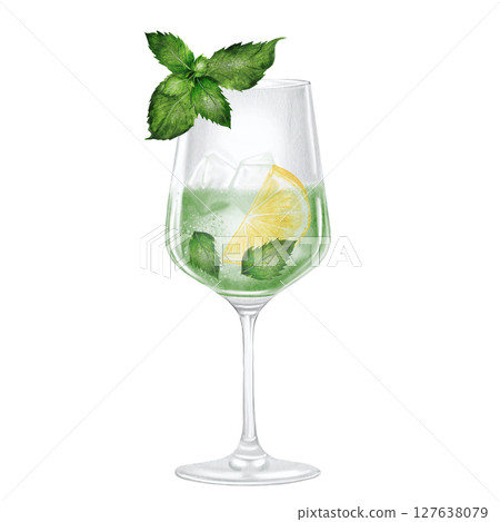 Mojito in a glass watercolor drawing. Hand drawn illustration of alcoholic drink with ice, lemon and mint on white background. Clip art of drinks. Ideal for bar and restaurant menu on the beach. 127638079