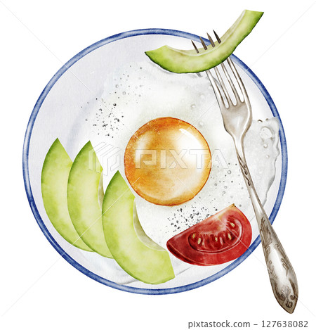 Fried eggs on a plate watercolor. Avocado and tomato scramble. Hand drawn breakfast on isolated white background. Food illustration. Ideal for restaurant menus and nutritionist blogs 127638082