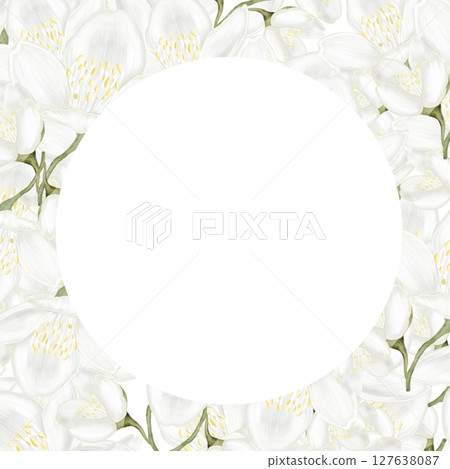 Jasmine white flower watercolor frame. Hand drawn bud delicate in the shape of a heart. Clip art botanical on white background. Ideal for logo of tea and aromatic products from jasmine Jasmine white flower watercolor frame. Hand drawn bud delicate in the shape of a heart. Clip art botanical on white background. Ideal for logo of tea and aromatic products from jasmine 127638087