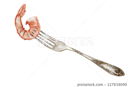 Shrimp watercolor. Hand drawn crustacean on a fork on isolated white background. Food clip art. Ideal for restaurant menus, product packaging and cookbook design 127638090