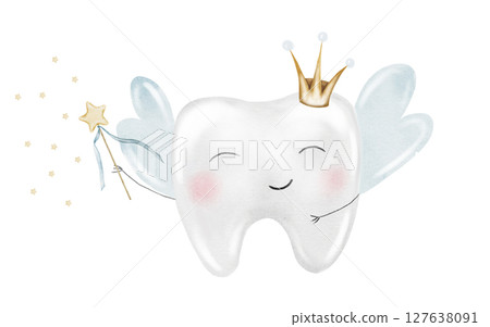 Baby tooth watercolor. Cute cartoon molar with crown and a magic wand on isolated white background. Dental clip art. Ideal for cards and invitations to the party baby's first tooth, posters in the 127638091