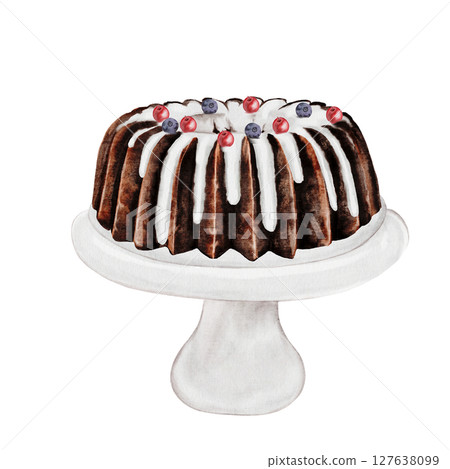 Christmas cupcake watercolor. Hand drawn traditional holiday cake. Clip art of chocolate pastry on isolated white background. Ideal for cookbook and bakery menu Christmas cupcake watercolor. Hand drawn traditional holiday cake. Clip art of chocolate pastry on isolated white background. Ideal for cookbook and bakery menu 127638099