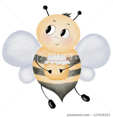 Bee cartoon watercolor. Hand drawn cute bumblebee with a jar of honey on isolated white background. Clip art insect. Ideal for children's educational cards, posters and organic honey labels Bee cartoon watercolor. Hand drawn cute bumblebee with a jar of honey on isolated white background. Clip art insect. Ideal for children's educational cards, posters and organic honey labels 127638101