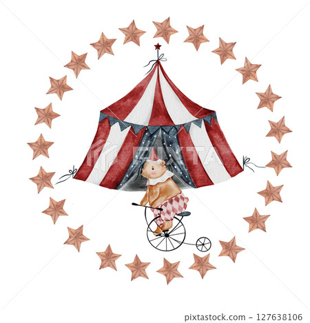 Circus cute watercolor. Hand drawn composition with a bear on a bike. Clip art on isolated white background of bright circus tent with stars in circle. Ideal for posters and baby cards. 127638106