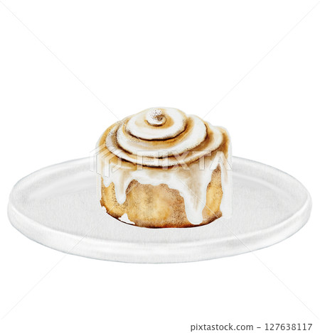 Cinnabon, cinnamon watercolor. Hand drawn cinnamon bun with cream cheese on a plate. Classic American sweet. Clip art isolated on white background. For coffee shop menu, pastry shop and sweet pastry 127638117