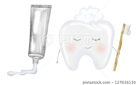 Tooth watercolor set. Clean tooth and toothpaste. Cute cartoon baby molar on isolated white background. Dental clip art. Ideal for cards and invitations to the party baby's first tooth, posters in the Tooth watercolor set. Clean tooth and toothpaste. Cute cartoon baby molar on isolated white background. Dental clip art. Ideal for cards and invitations to the party baby's first tooth, posters in the 127638130