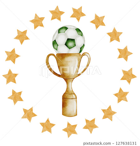 Football Watercolor. Hand drawn composition of a trophy cup, soccer ball and round frame of stars. Clip art of championship equipment on isolated white background. Ideal for posters, flyers and game Football Watercolor. Hand drawn composition of a trophy cup, soccer ball and round frame of stars. Clip art of championship equipment on isolated white background. Ideal for posters, flyers and game 127638131