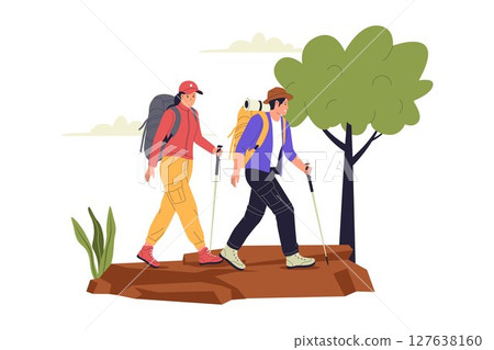 Flat Illustration of Two People Hiking with Backpacks and Trekking Poles in Nature 127638160