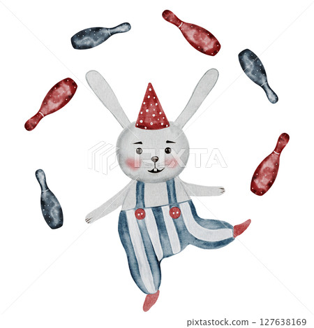 Circus watercolor. Acrobat rabbits and juggler. Hand drawn cute animals on isolated white background. Clip art of vintage bunnies with balloons balancing on a rope. Perfect for posters and baby shower Circus watercolor. Acrobat rabbits and juggler. Hand drawn cute animals on isolated white background. Clip art of vintage bunnies with balloons balancing on a rope. Perfect for posters and baby shower 127638169