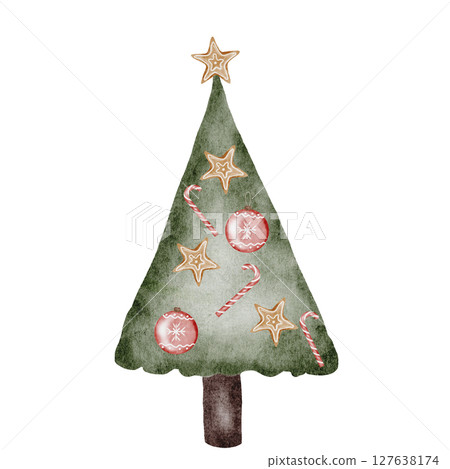 Christmas tree cartoon. Watercolor drawing of christmas symbol on isolated white background. Clip art of pine tree for design of cards and invitations. New Year 2025 design Christmas tree cartoon. Watercolor drawing of christmas symbol on isolated white background. Clip art of pine tree for design of cards and invitations. New Year 2025 design 127638174