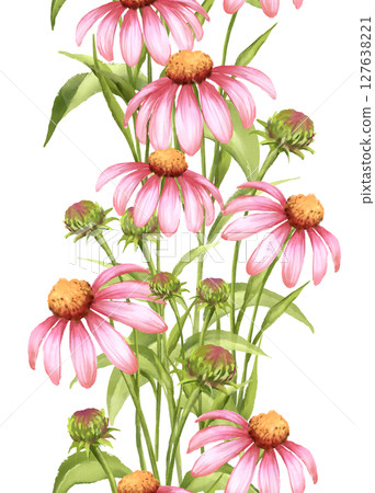 Elegant hand-drawn vertical border with pink echinacea flowers and green leaves. Perfect for stationery, or digital backgrounds with a natural, floral theme. 127638221
