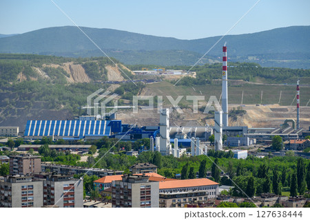 Bor city with Copper mine and smelting complex of Zijin Bor, owned by Chinese company Zijin Mining Group in Serbia 127638444