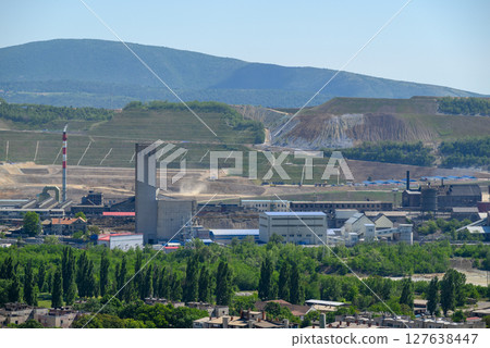 Bor city with Copper mine and smelting complex of Zijin Bor, owned by Chinese company Zijin Mining Group in Serbia 127638447