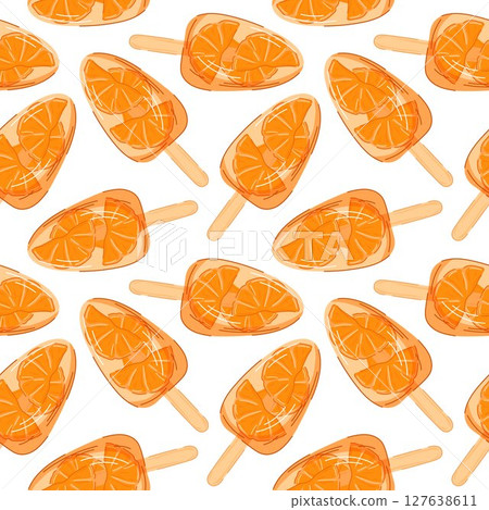 Seamless pattern of orange fruit slice popsicle in cartoon style. Perfect for summer menu cafe and sweet treat design. 127638611